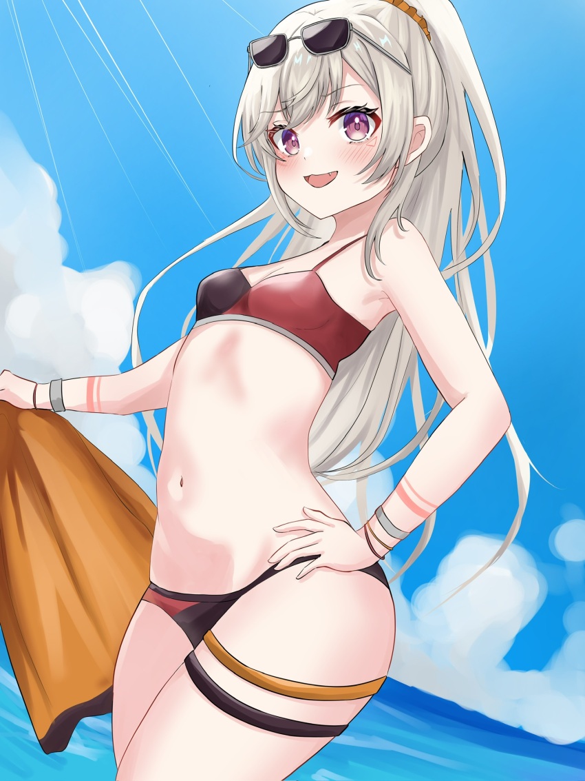 1girl, akue, bikini, black_bikini, blue_sky, blush, breasts, cloud