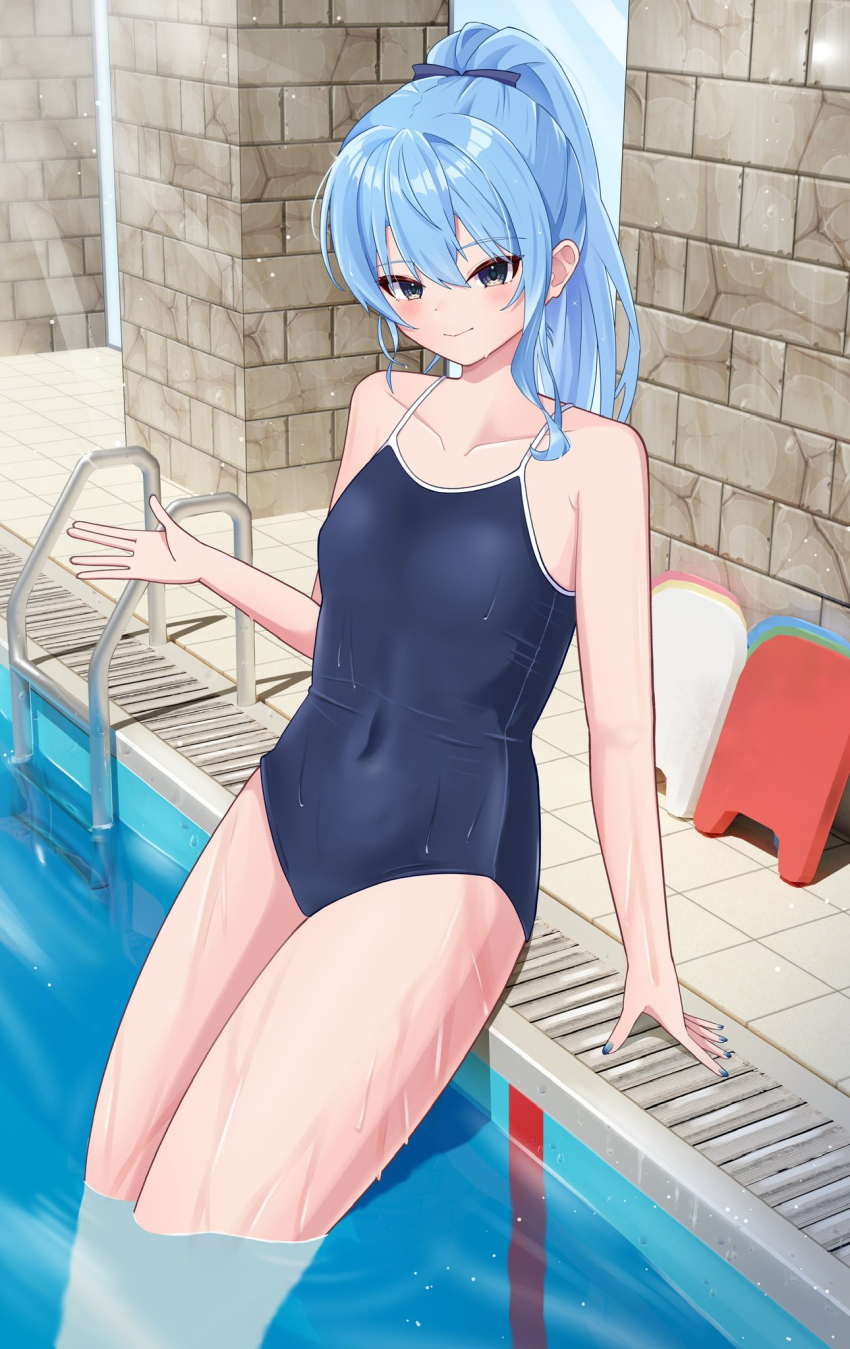 1girl, alternate_costume, bare_shoulders, blue_eyes, blue_hair, blue_one-piece_swimsuit, blush, breasts