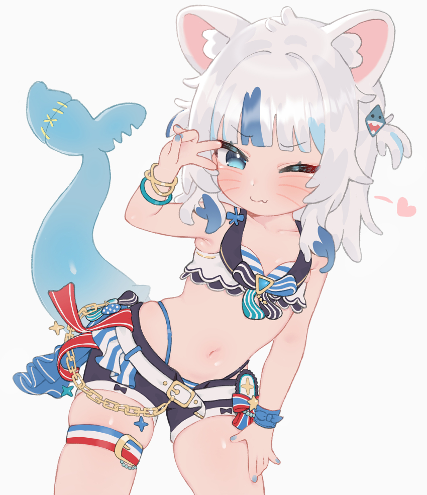 1girl, animal_ear_fluff, animal_ears, armpit_crease, bangle, belt, bikini, bikini_bottom_only, bikini_bottom_under_shorts, bikini_under_clothes, blue_bikini, blue_hair, blush, bracelet, c0521, cat_ears, closed_mouth, collarbone, commentary, contrapposto, fang, fins, fish_tail, fokkahim7, gawr_gura, heart, highres, hololive, hololive_english, jewelry, loli, medium_hair, multicolored_bikini, multicolored_hair, nail_polish, narrowed_eyes, navel, one_eye_closed, ribbon, shark_tail, short_shorts, shorts, simple_background, skin_fang, skindentation, smile, solo, standing, star_(symbol), star_sticker, sticker, sticker_on_leg, stomach, streaked_hair, striped_bikini, striped_clothes, swimsuit, untranslatable_commentary, tail, thigh_strap, two-tone_bikini, two_side_up, v, virtual_youtuber, white_background, white_belt, white_bikini, white_hair, wrist_ribbon