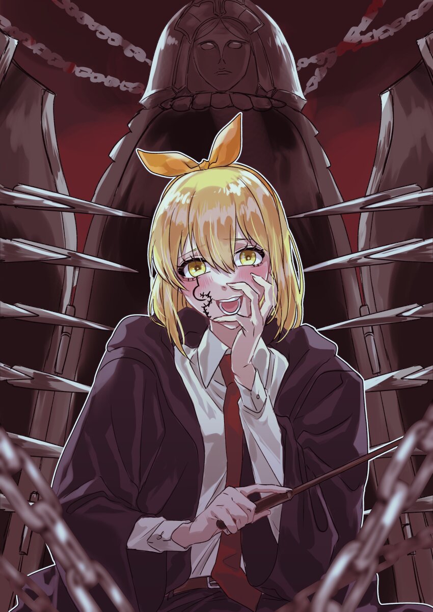 1girl, absurdres, belt, black_robe, blonde_hair, blush, chain, collared_shirt, facial_mark, hairband, highres, lemon_irvine, long_sleeves, looking_at_viewer, mashle, matsurika_0707, necktie, red_necktie, robe, sarcophagus, shirt, short_hair, smile, solo, spikes, wand, yandere, yellow_eyes