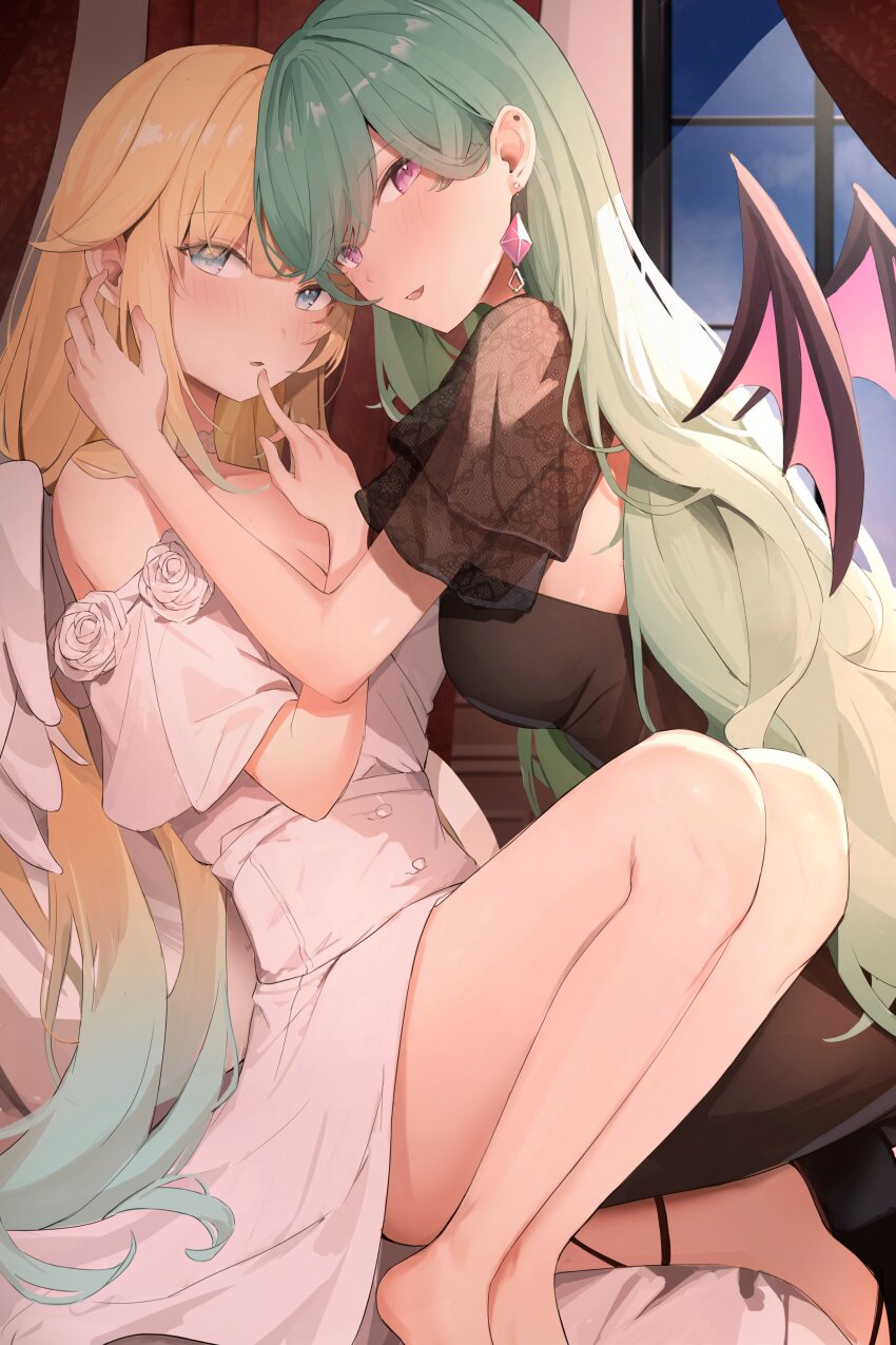 2girls, absurdres, aizawa_ema, alternate_costume, angel, angel_and_devil, angel_wings, bare_shoulders