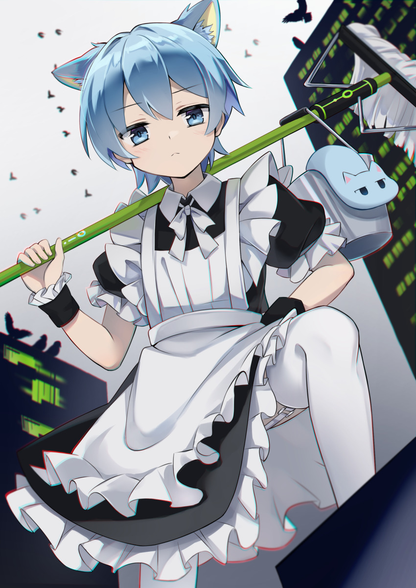 1boy, :<, absurdres, animal_ears, apron, blue_eyes, blue_hair, broom, bucket, cat, cat_boy, cat_ears, collared_dress, crossdressing, crossdressing_(mtf), dress, frilled_dress, frilled_sleeves, frills, garter_straps, hand_on_own_hip, highres, holding, holding_broom, iluka_(ffv7), maid, male_focus, male_maid, misskey.io, murakami-san_(misskey.io), neck_ribbon, ribbon, short_hair, short_sleeves, solo, thighhighs, wrist_cuffs