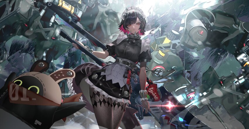 1girl, 1other, :/, animal, apron, bandana, bangboo_(zenless_zone_zero), black_dress, black_hair, black_pantyhose, bracelet, breasts, character_request, check_character, chinese_commentary, clothed_animal, collar, colored_inner_hair, commentary, cowboy_shot, dark-skinned_female, dark_skin, dress, earclip, ellen_joe, fins, fish_tail, hairband, highres, holding, holding_weapon, huming0929, jewelry, juliet_sleeves, large_breasts, long_sleeves, maid, maid_headdress, mole, mole_on_arm, mole_under_eye, multicolored_hair, nail_polish, pantyhose, pink_hair, polearm, puffy_sleeves, red_bandana, red_eyes, red_nails, robot, shark_tail, short_dress, short_hair, short_sleeves, spiked_collar, spiked_hairband, spikes, tail, waist_apron, weapon, zenless_zone_zero