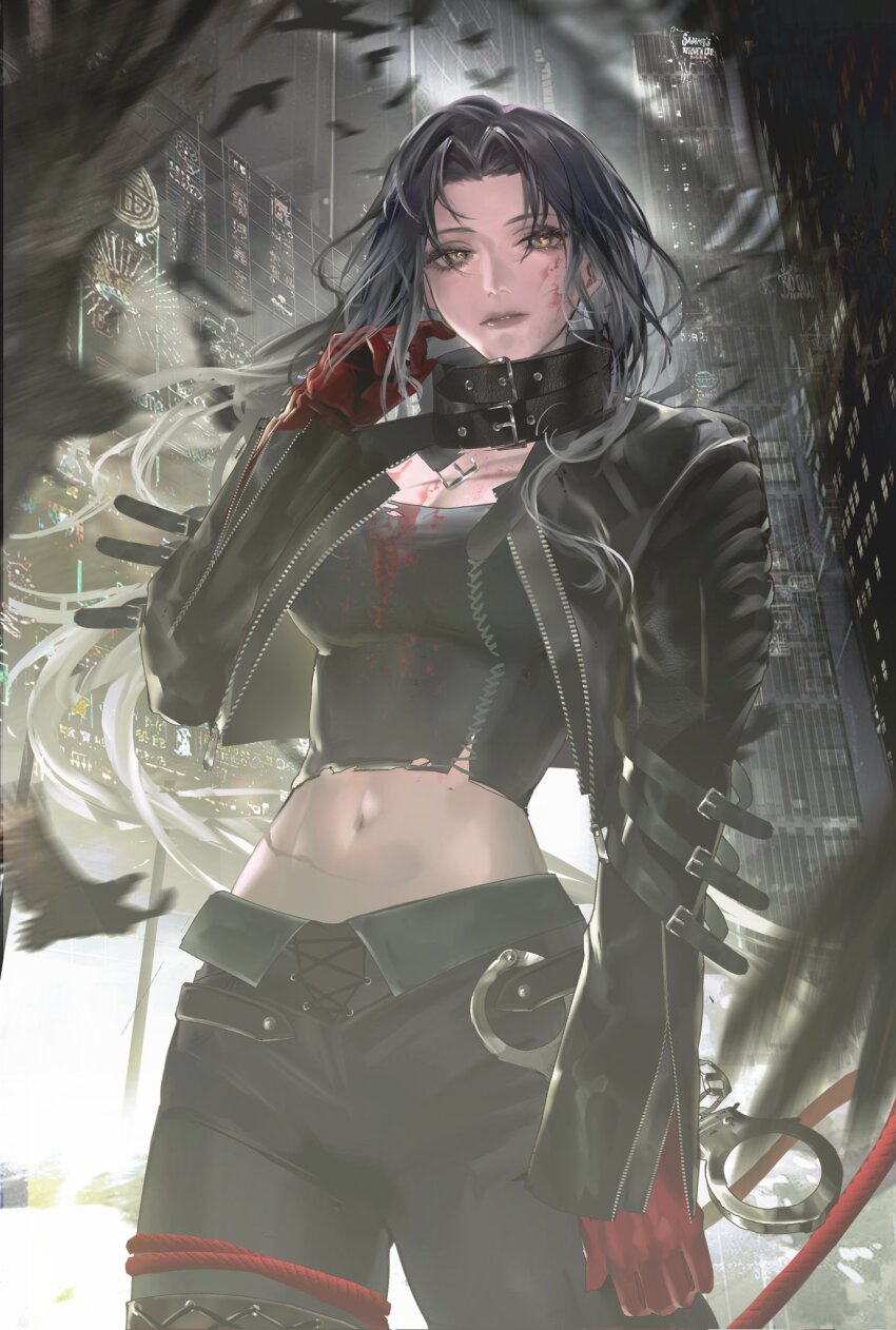 1girl, adjusting_hair, angell_(path_to_nowhere), arm_belt, belt_collar, bird, black_bird, black_jacket, black_pants, black_shirt, blood, blood_on_chest, blood_on_clothes, blood_on_face, breasts, chinese_commentary, city, cityscape, cleavage, collar, commentary, cowboy_shot, crop_top, cropped_jacket, cross-laced_pants, cuffs, curtained_hair, gloves, handcuffs, highres, huming0929, jacket, lips, looking_at_viewer, medium_breasts, midriff, navel, neon_lights, night, open_clothes, open_jacket, pants, parted_bangs, path_to_nowhere, red_gloves, rope, scar, scar_on_stomach, shirt, sky, solo, thigh_strap, torn_clothes, torn_shirt, yellow_eyes, zipper, zipper_pull_tab