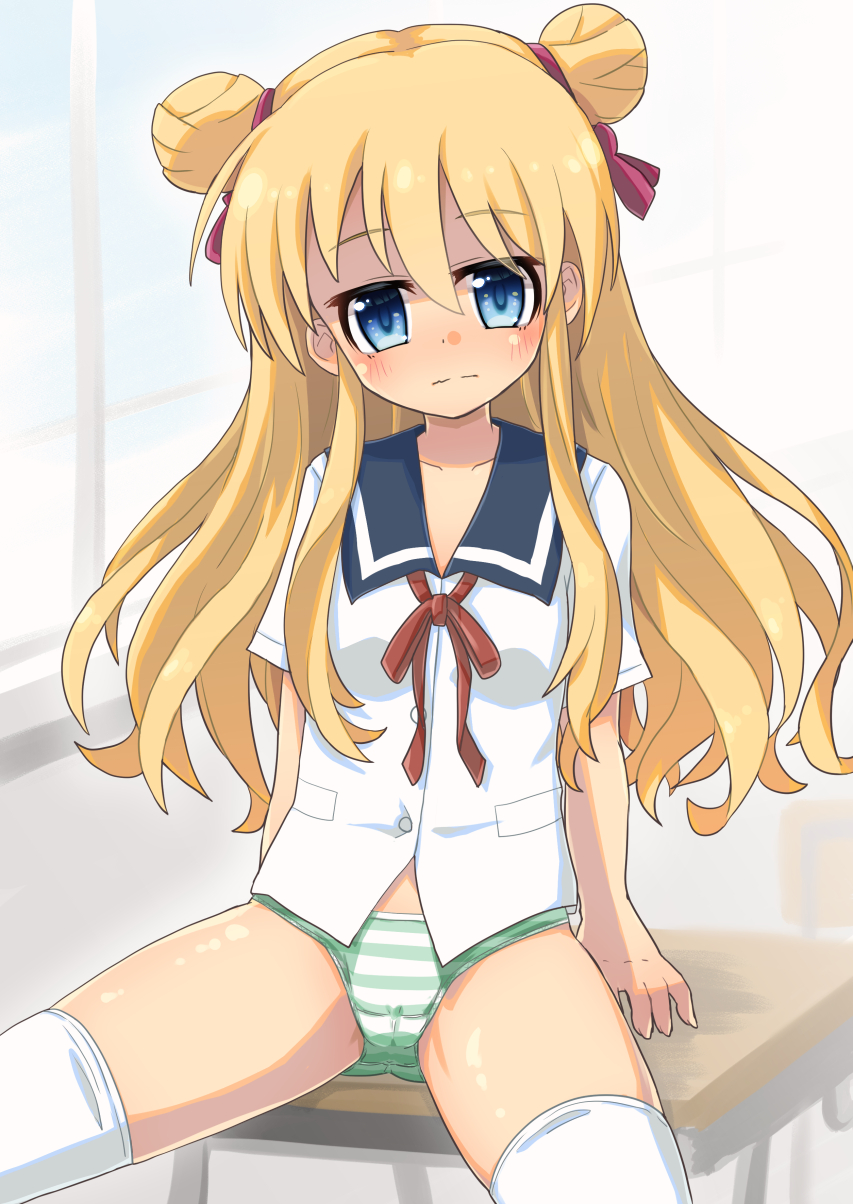 1girl, az:u, blonde_hair, claudina_skylark_(mousugu_natsuyasumi!_2), highres, mousugu_natsuyasumi!_2, panties, solo, spread_legs, underwear