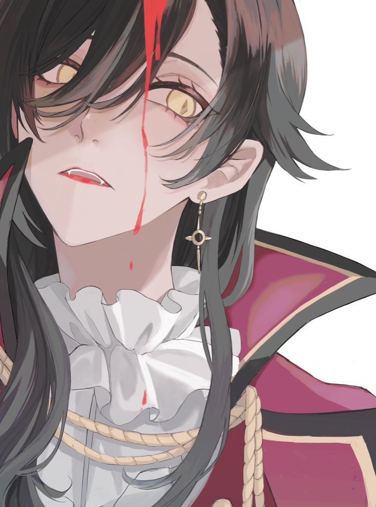 1girl, black_hair, blood, blood_drip, blood_on_face, collar, fangs, frilled_collar