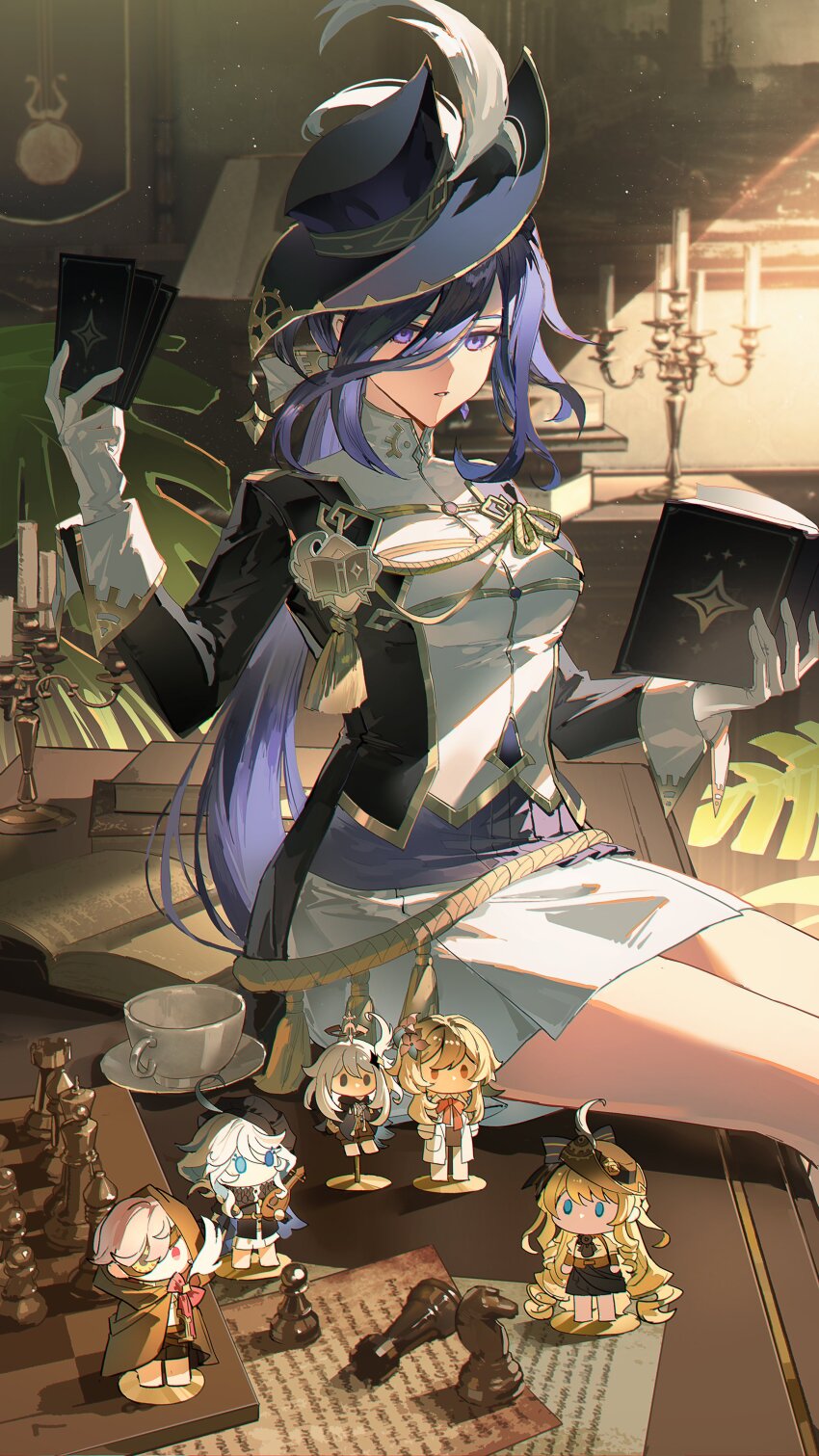 1girl, absurdres, bishop_(chess), black_jacket, blue_hair, blue_hat, book, candle