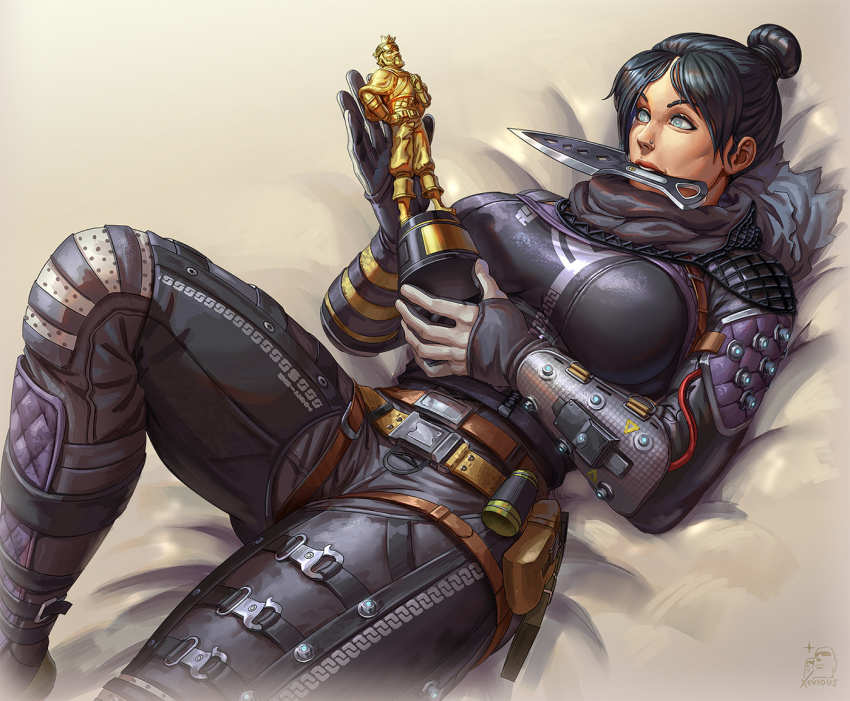 1girl, apex_legends, belt, black_bodysuit, black_gloves, black_hair, black_scarf, blue_eyes, bodysuit, breasts, brown_belt, commentary, commission, english_commentary, gloves, hair_behind_ear, hair_bun, holding, holding_trophy, hope's_dusk_(apex_legends), kunai, large_breasts, lying, mirage_(apex_legends), realistic, scarf, single_hair_bun, solo, thigh_belt, thigh_strap, too_much_witt, trophy, v-shaped_eyebrows, weapon, weapon_in_mouth, xevious_art