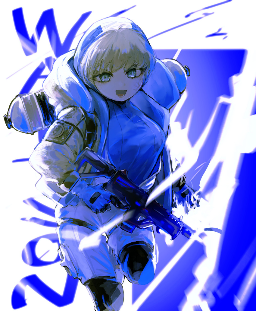 1girl, animification, apex_legends, blue_bodysuit, blue_eyes, bodysuit, breasts, character_name