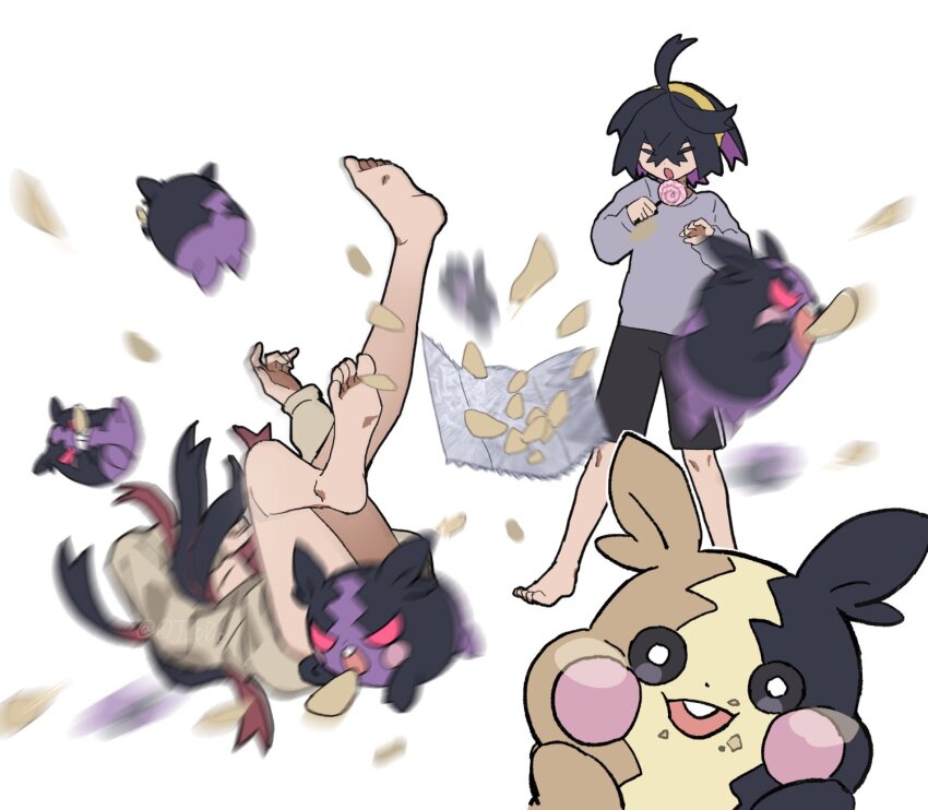 1boy, 1girl, alternate_costume, barefoot, black_hair, black_shorts, candy, carmine_(pokemon)