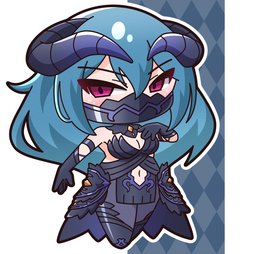 1girl, absurdres, argyle_background, bare_shoulders, black_boots, black_gloves, blue_hair, boots