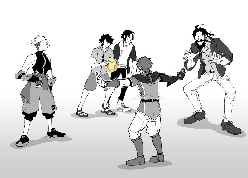 5boys, achilles_(fate), achilles_(fearless_diver)_(fate), battamon, beard, belt, boots, claw_pose