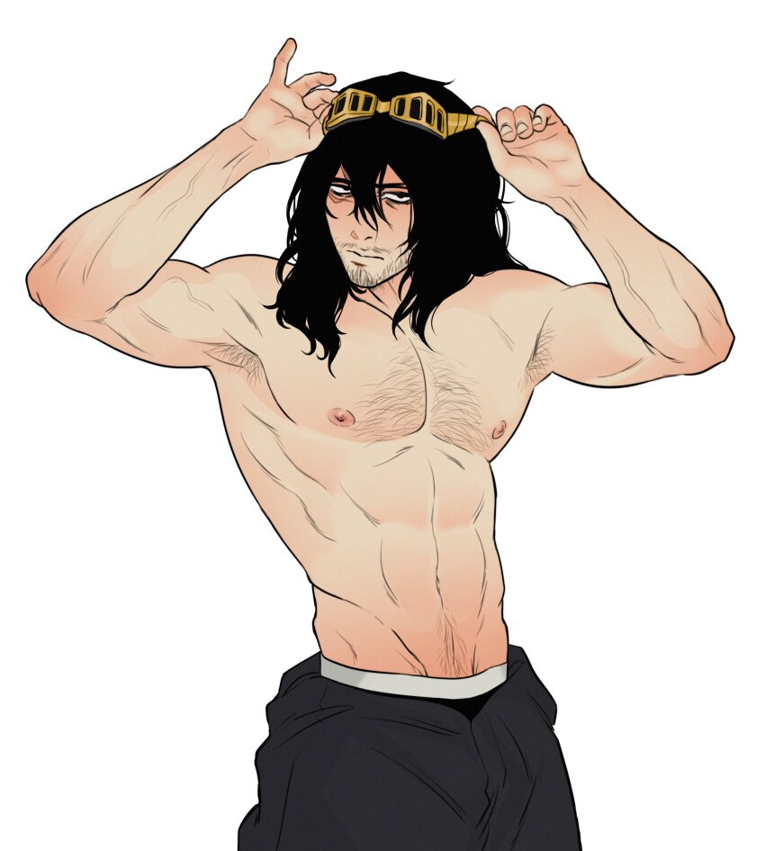 1boy, absurdres, armpit_hair, arms_up, bags_under_eyes, bara, beard_stubble, black_hair