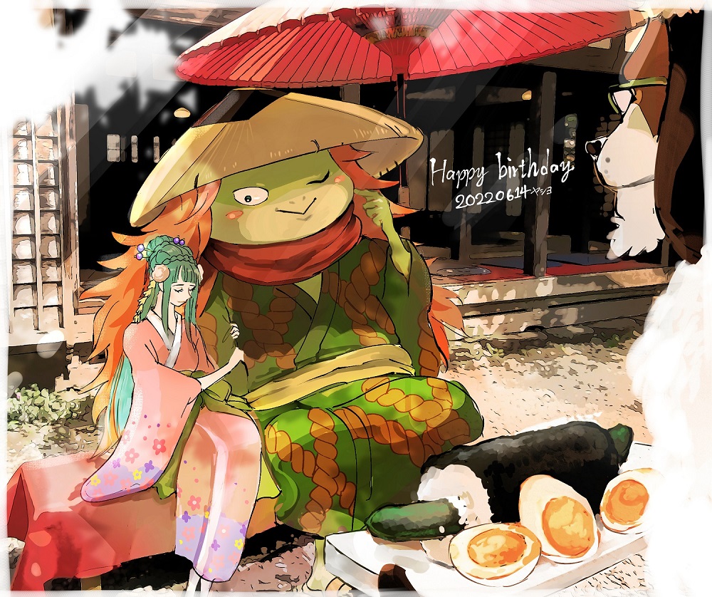 1girl, 2boys, animal_ears, aqua_hair, black_eyes, closed_mouth, commentary, commentary_request