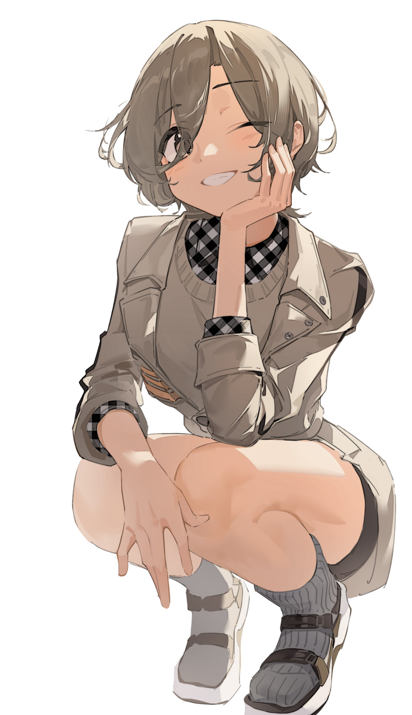 1girl, brown_coat, brown_eyes, brown_hair, brown_sweater, chang_zhao_xiao_quan, checkered_clothes, checkered_shirt