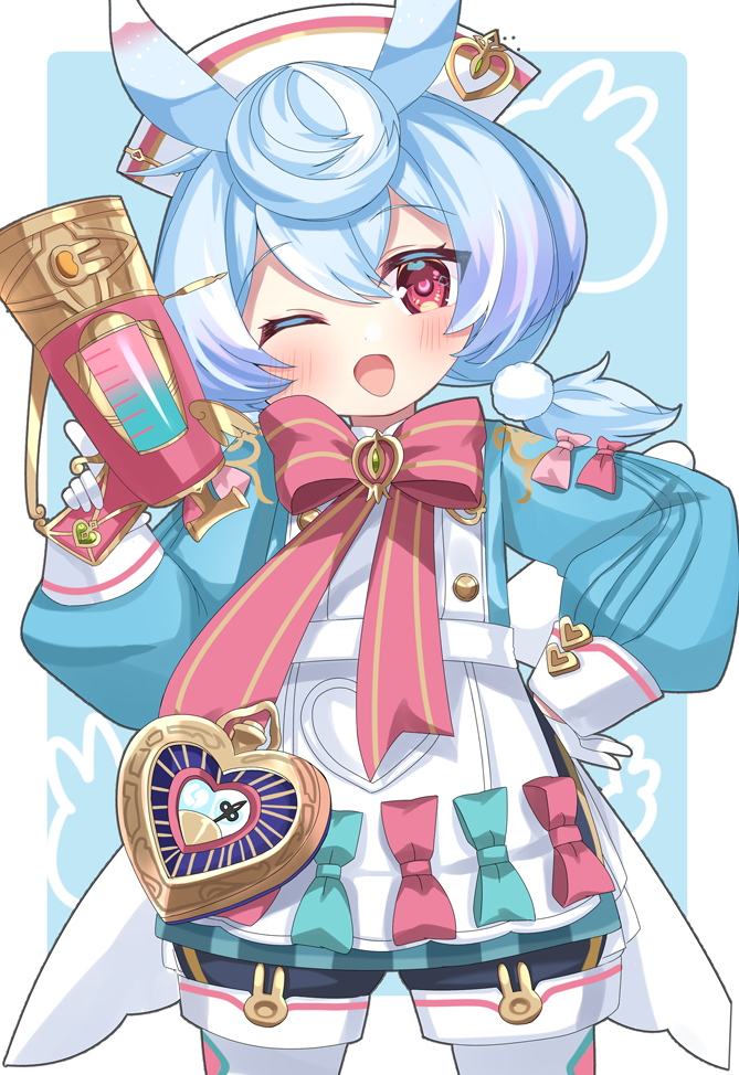 1girl, ;d, animal_ears, apron, aqua_bow, aqua_shirt, black_shorts, blue_background