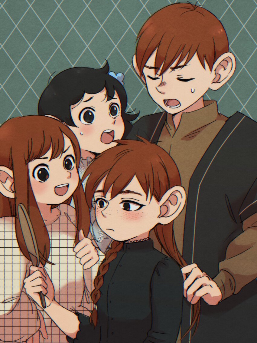 1boy, 3girls, black_eyes, black_hair, brown_hair, chilchuck_tims, closed_eyes, dungeon_meshi