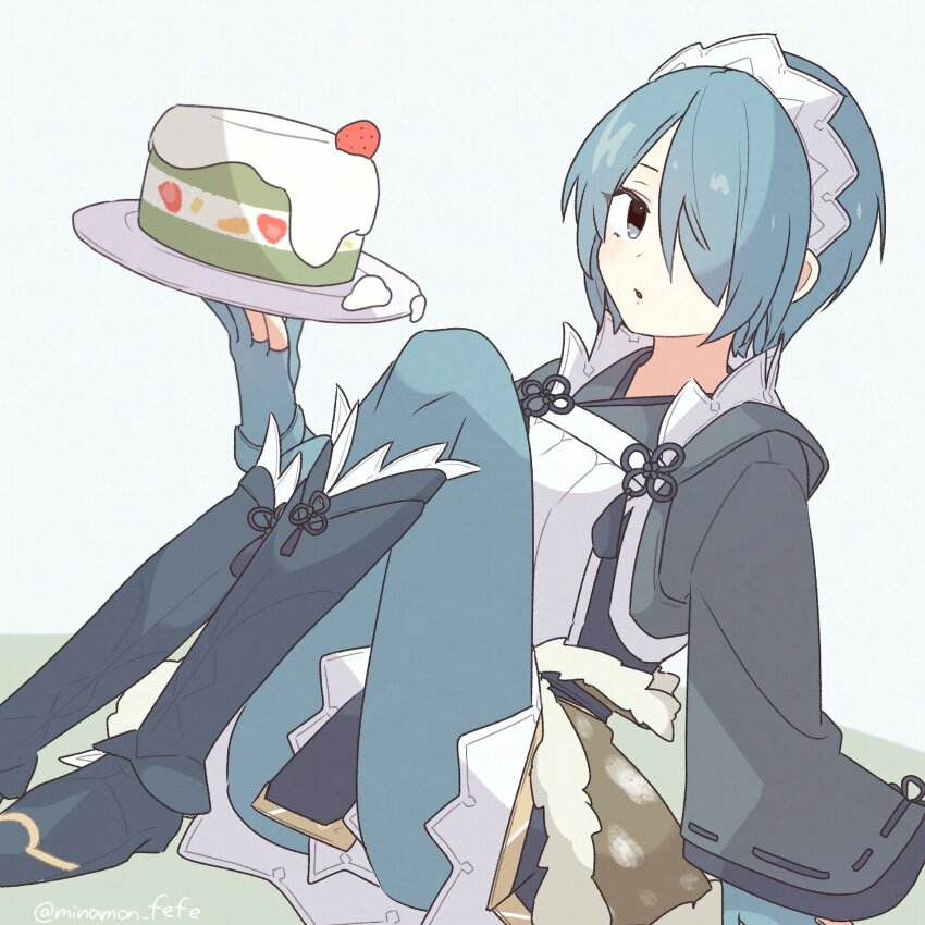 1girl, birthday_cake, blue_hair, blue_pantyhose, boots, cake, fire_emblem, fire_emblem_fates