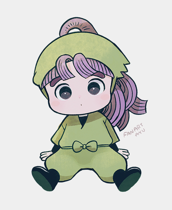 1boy, arm_support, ayu_(mog), black_eyes, black_footwear, blush_stickers, bright_pupils, closed_mouth, dot_nose, full_body, grey_background, headscarf, japanese_clothes, long_hair, looking_at_viewer, male_focus, ponytail, purple_hair, rakudai_ninja_rantarou, santanda_kazuma, simple_background, solo, white_pupils