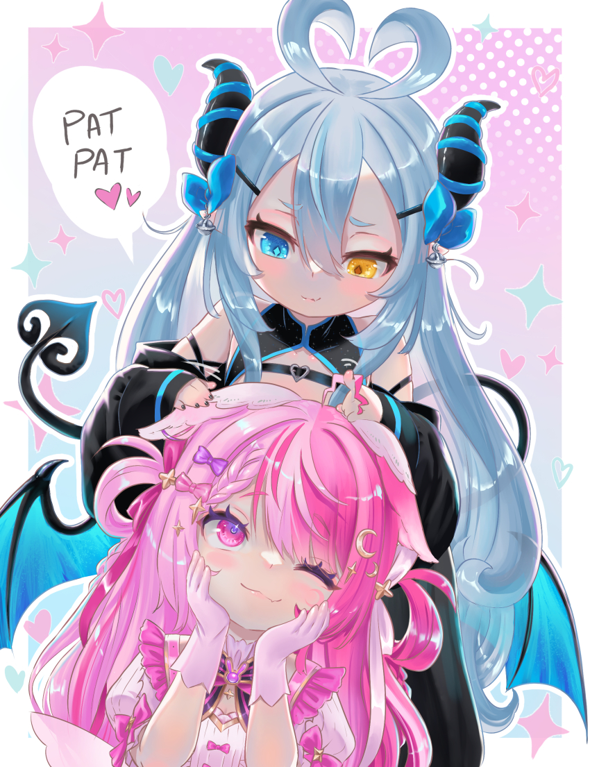 2girls, :3, absurdres, ahoge, akugaki_koa, animal_ears, antenna_hair, bare_shoulders