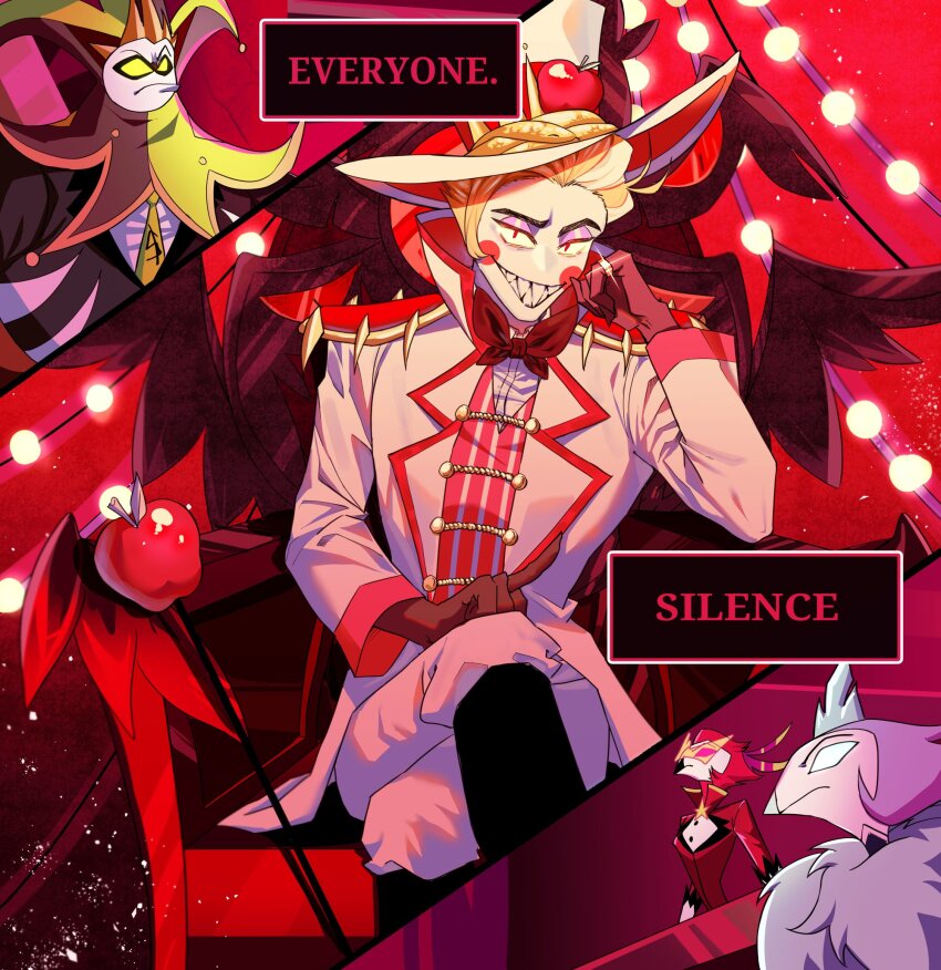 4boys, andrealphus_(helluva_boss), arm_support, black_footwear, blue_sclera, colored_sclera, demon_boy, formal_clothes, furry, furry_male, green_sclera, grin, hat, hazbin_hotel, hellaverse, helluva_boss, highres, humpback_1219, looking_at_viewer, lucifer_morningstar_(hazbin_hotel), mammon_(helluva_boss), multiple_boys, pants, sharp_teeth, sitting, smile, teeth, vassago_(helluva_boss), white_hat, white_pants