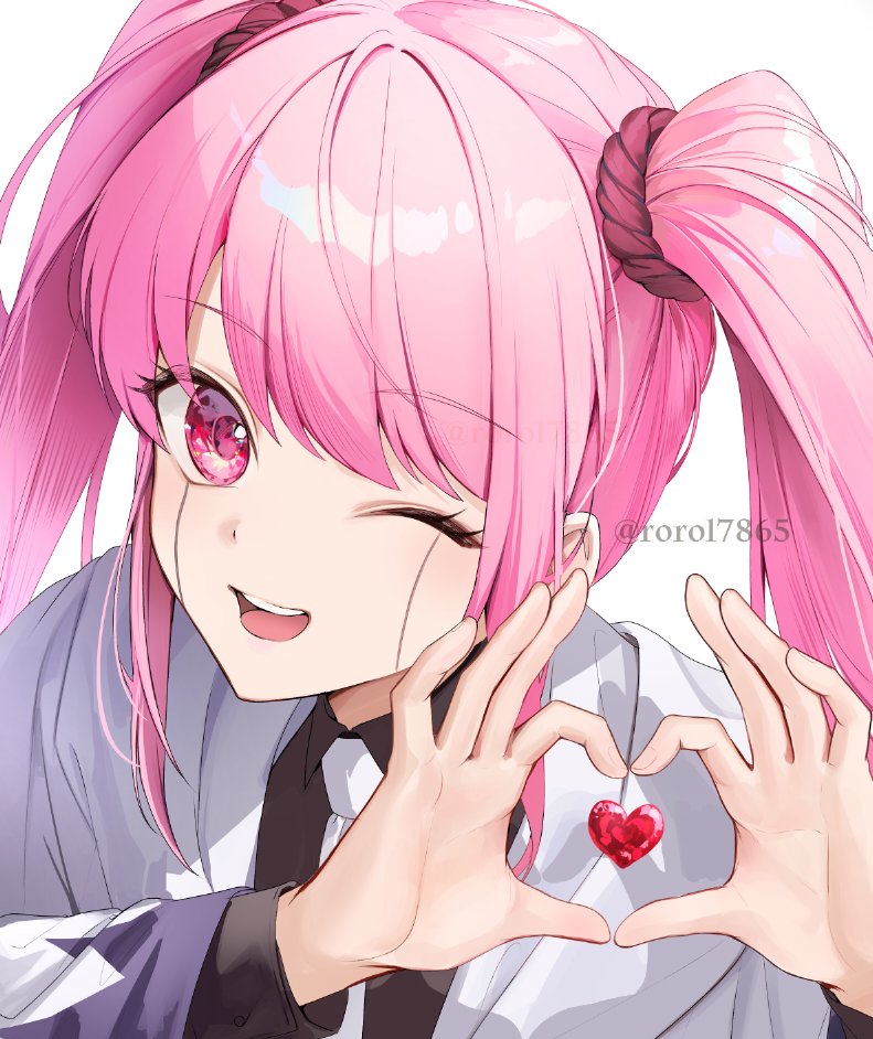 1girl, four-finger_heart_hands, black_shirt, collared_shirt, facial_mark, heart, heart_hands, looking_at_viewer, love_cute, mashle, necktie, one_eye_closed, open_mouth, pink_eyes, pink_hair, robe, rorol7865, shadow, shirt, solo, teeth, twintails, twitter_username, upper_teeth_only