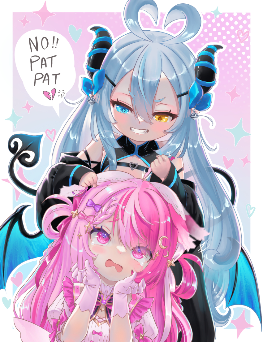 2girls, absurdres, ahoge, ahoge_grab, akugaki_koa, animal_ears, antenna_hair, bare_shoulders, black_cloak, black_horns, black_shrug, black_tail, black_wings, blue_background, blue_bow, blue_eyes, blue_tail, blue_trim, blue_wings, blush, border, bow, bowtie, brooch, buckle, chest_belt, child, chromashift, cloak, crescent, crescent_hair_ornament, demon_girl, demon_horns, demon_tail, demon_wings, diamond-shaped_pupils, diamond_(shape), dress, dress_bow, evil_grin, evil_smile, fang, frilled_dress, frills, gloves, gold_trim, grabbing_another's_ear, grabbing_another's_hair, gradient_background, gradient_tail, grey_hair, grin, hair_between_eyes, hair_bow, hair_ornament, hair_rings, hairclip, hand_on_another's_ear, hand_on_another's_head, heart, heart-shaped_buckle, heart_antenna_hair, heterochromia, highres, holding_another's_hair, horns, jewelry, lalabell_lullaby, long_hair, looking_at_another, magical_girl, multicolored_hair, multiple_girls, nekomancer03, off_shoulder, one_eye_closed, outside_border, pink_background, pink_bow, pink_hair, polka_dot, puffy_short_sleeves, puffy_sleeves, purple_bow, purple_bowtie, rabbit_brooch, rabbit_ears, rabbit_girl, short_sleeves, shrug_(clothing), skin_fang, smile, sparkle, sparkle_hair_ornament, speech_bubble, split-color_hair, spoken_broken_heart, symbol-shaped_pupils, tail, tearing_up, two_side_up, v-shaped_eyebrows, virtual_youtuber, wavy_mouth, white_border, white_dress, white_gloves, wings, yellow_eyes