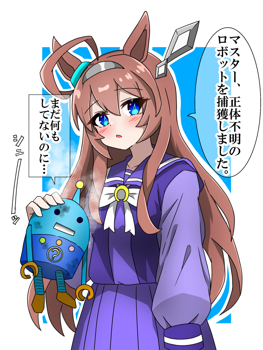 1girl, absurdres, ahoge, animal_ears, blue_eyes, bow, bowtie, brown_hair