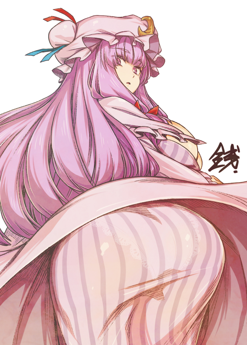 1girl, ass, ass_focus, bent_over, blush, bow, breasts, crescent, crescent_hat_ornament, dress, from_behind, hair_bow, hat, hat_ornament, highres, lace, lace_panties, large_breasts, long_hair, looking_at_viewer, mob_cap, panties, patchouli_knowledge, purple_eyes, purple_hair, ribbon, see-through_clothes, sentarou, solo, touhou, underwear, white_panties