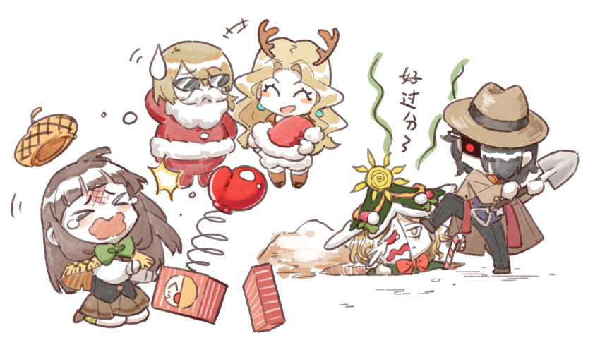 >_<, 2girls, 3boys, ^^^, ^_^, animal_costume, arm_behind_head, beret