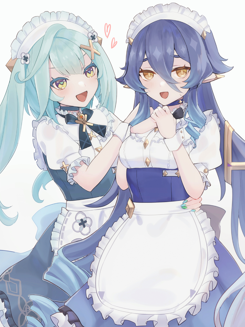 2girls, :d, absurdres, alternate_costume, apron, aqua_hair, aqua_pupils, arm_around_another's_waist