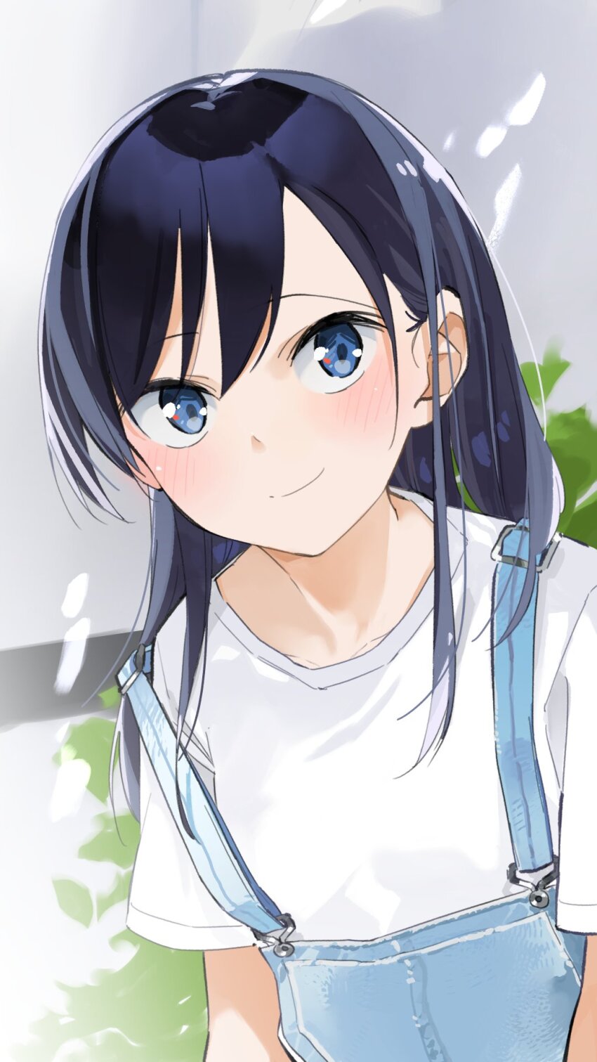 1girl, blue_eyes, blue_hair, blue_overalls, blush, dark_blue_hair, giji_harem, hair_between_eyes