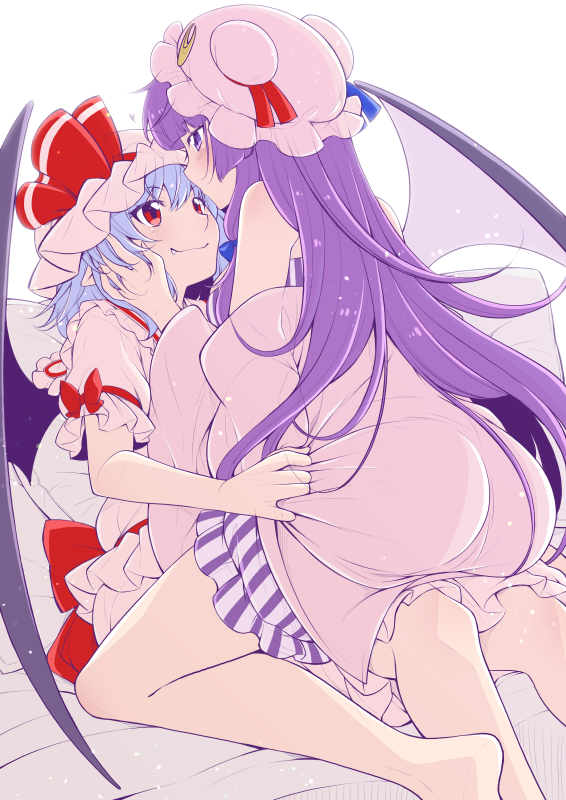 2girls, ascot, ass, bat_wings, blue_hair, blush, bow, crescent