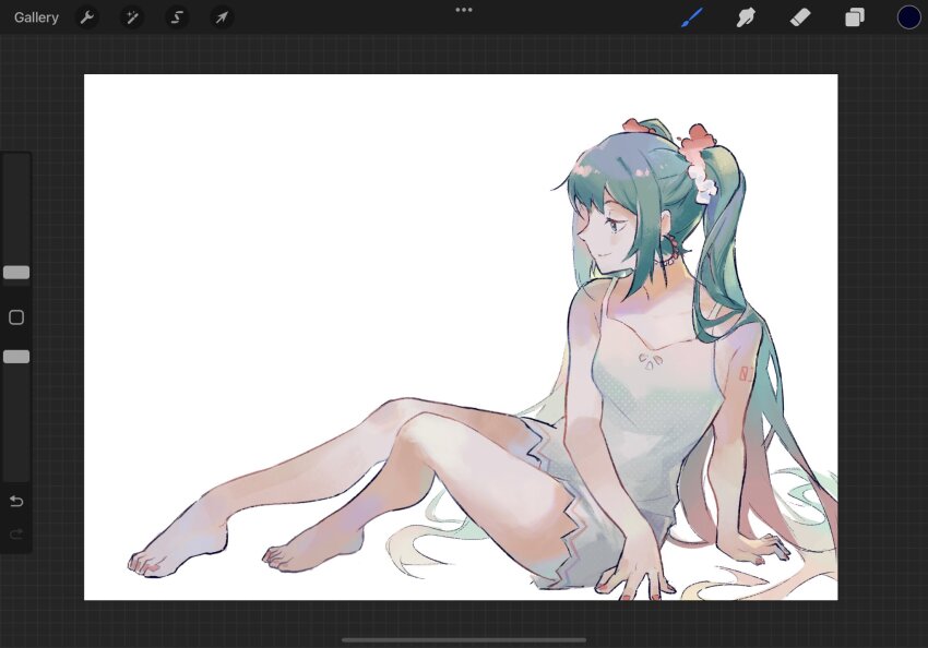 1girl, arm_tattoo, artist_request, barefoot, blue_eyes, blue_hair, dress, hatsune_miku