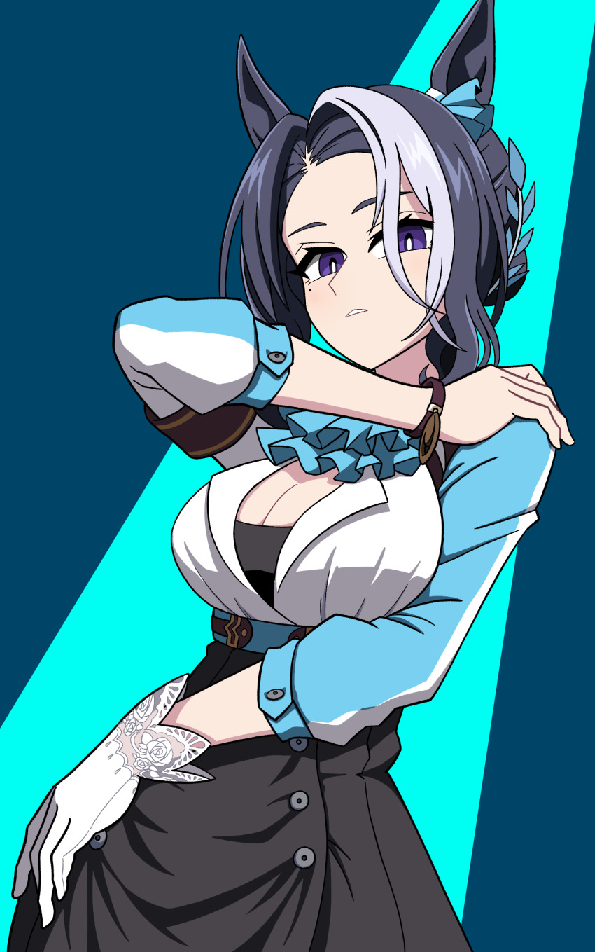 1girl, animal_ears, aqua_ascot, ascot, black_hair, black_skirt, blue_background, braid