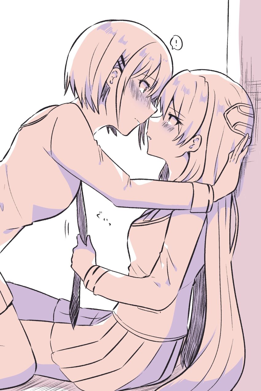 2girls, absurdres, clothes_grab, face-to-face, hair_ornament, heaven_burns_red, highres, imminent_kiss, jacket, kayamori_ruka, long_hair, looking_at_another, multiple_girls, necktie, necktie_grab, neckwear_grab, puyopiku, shirakawa_yuina, shirt, short_hair, yuri