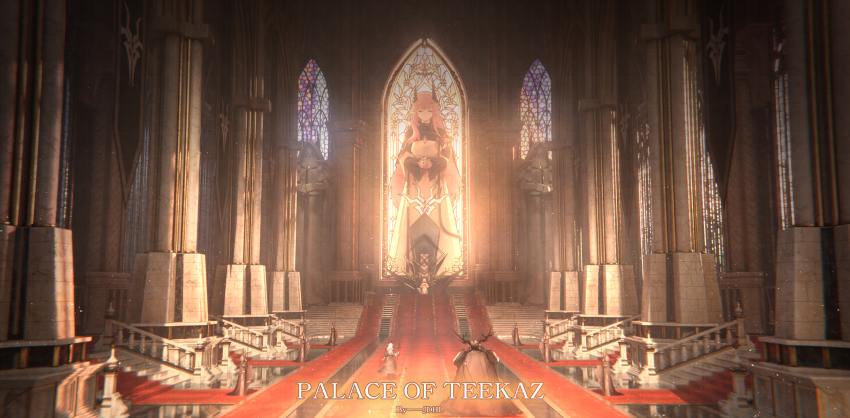 1girl, 2boys, 6+others, absurdly_wide_shot, absurdres, arknights, banner, carpet