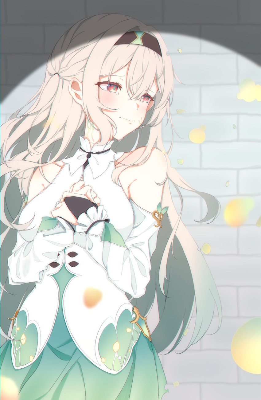 1girl, absurdres, akar1, bare_shoulders, black_hairband, breasts, brick_wall, bridal_gauntlets