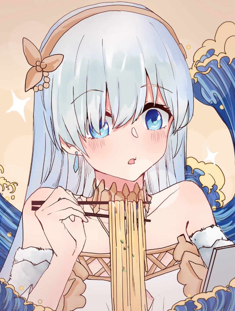 1girl, anastasia_(fate), bare_shoulders, blue_eyes, blue_hair, brown_background, brown_hairband, chopsticks