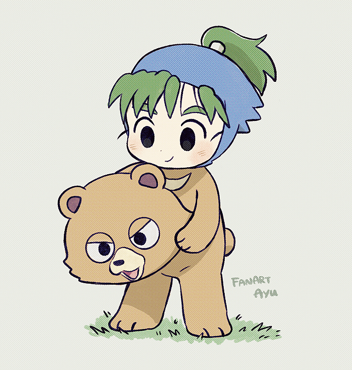 1boy, animal_costume, ayu_(mog), bear_costume, blush, chibi, chibi_only, closed_mouth, full_body, green_hair, holding, holding_mask, ikeda_saburouji, male_focus, mascot_costume, mask, ponytail, rakudai_ninja_rantarou, smile, solid_oval_eyes, solo, standing