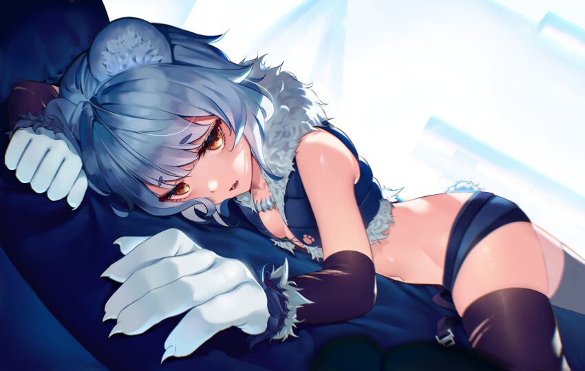 1girl, absurdres, animal_ear_fluff, animal_ears, animal_hands, bear_ears, bear_girl, bear_tail, black_sleeves, black_thighhighs, blue_hair, blue_jacket, blue_shorts, breasts, brown_eyes, cropped_jacket, detached_sleeves, eyelashes, fang, fur-trimmed_jacket, fur_trim, highres, icey_snowpaws, jacket, navel, open_mouth, paw_print, second-party_source, short_hair, short_shorts, shorts, skin_fang, small_breasts, solo, tail, thighhighs, torn_clothes, torn_sleeves, torn_thighhighs, vallure, virtual_youtuber, waltz_w_me