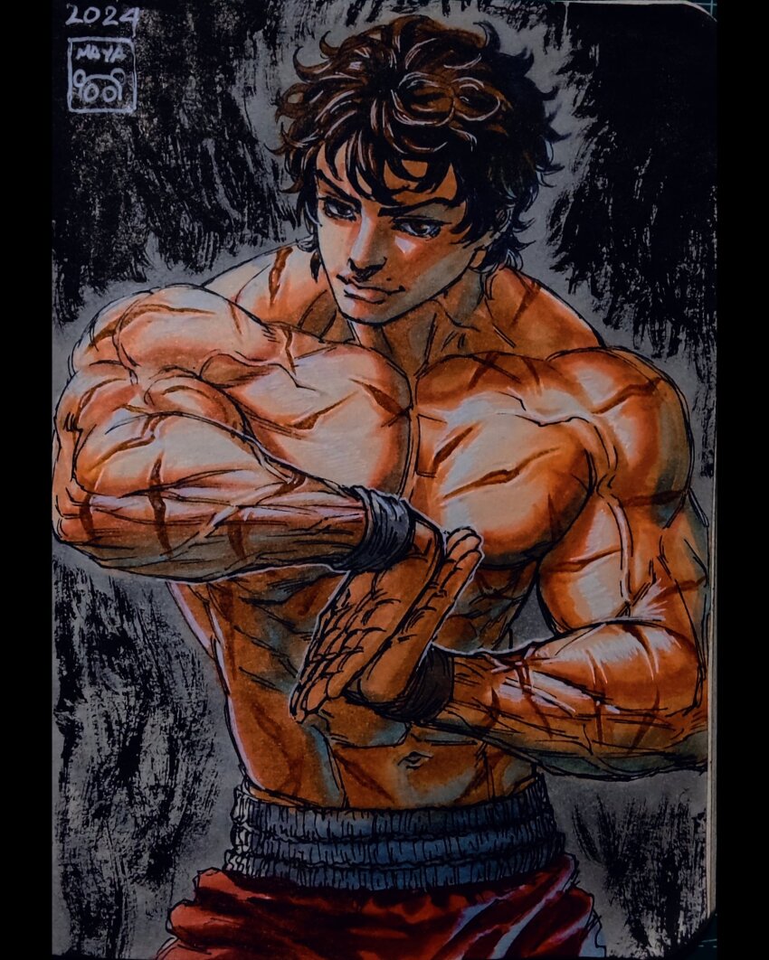 1boy, abs, bara, black_hair, cowboy_shot, grappler_baki, hanma_baki, highres