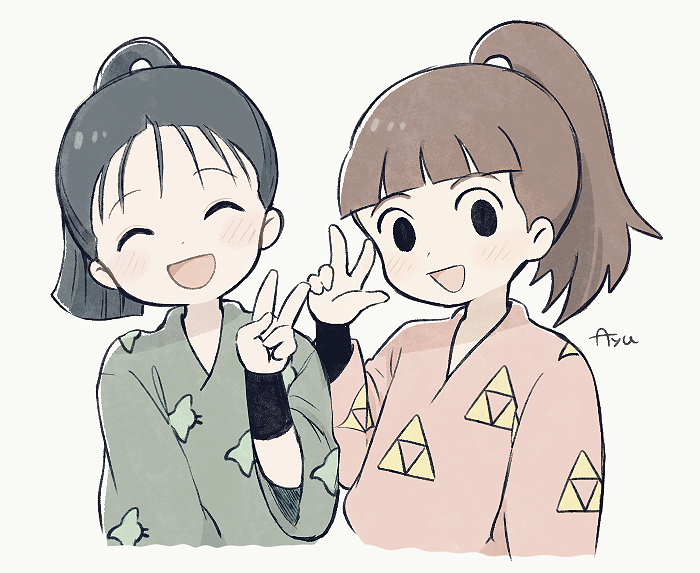 2boys, ayu_(mog), black_eyes, brown_hair, cropped_torso, dot_nose, green_kimono, happy