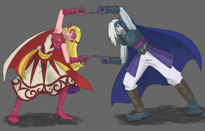 blonde_hair, blue_skin, cape, colored_skin, dragon_ball, dragonball_z, fusion_dance, golden_sun, menardi_(golden_sun), parody, red_skin, saturos_(golden_sun), white_hair