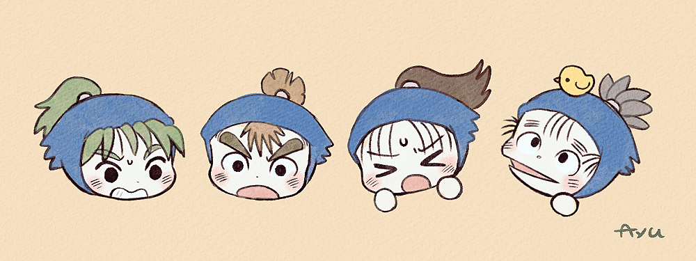 >_<, 4boys, animal, animal_on_head, ayu_(mog), baby_animal, bird, bird_on_head