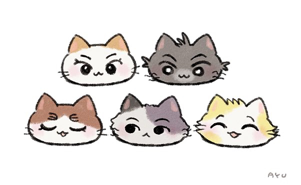 :<, :3, animal, animal_focus, animalization, ayabe_kihachirou, ayu_(mog), black_eyes, bright_pupils, calico_(pattern), cat, closed_eyes, grey_cat, hama_shuichirou, happy, no_humans, open_mouth, rakudai_ninja_rantarou, saitou_takamaru, signature, simple_background, taira_no_takiyashamaru, tamura_mikiemon, white_background, white_pupils