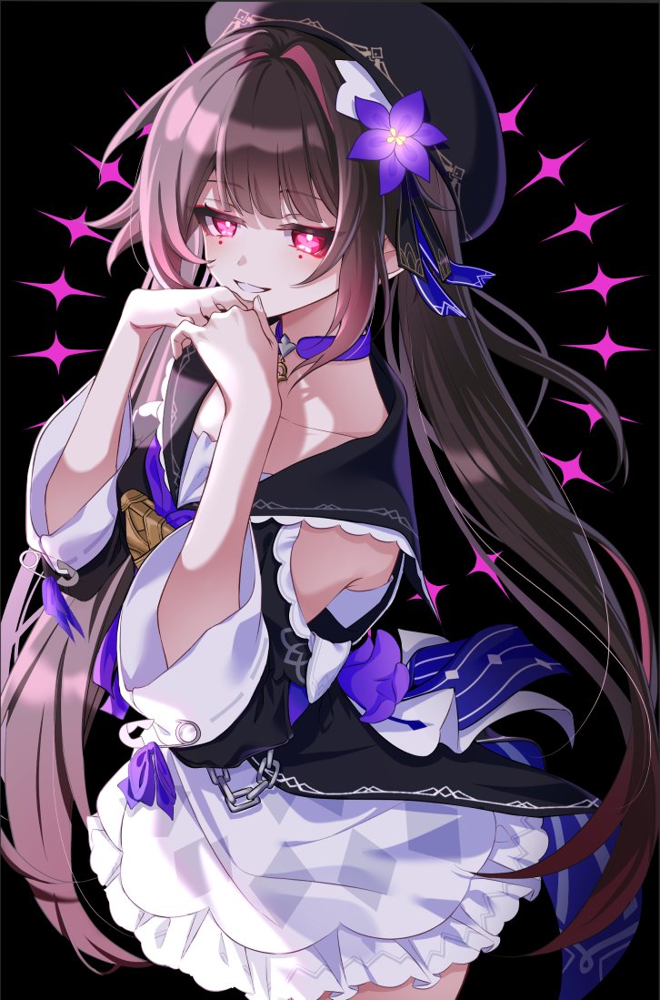 1girl, beret, brown_hair, chieezuik, collarbone, cosplay, dress, flower