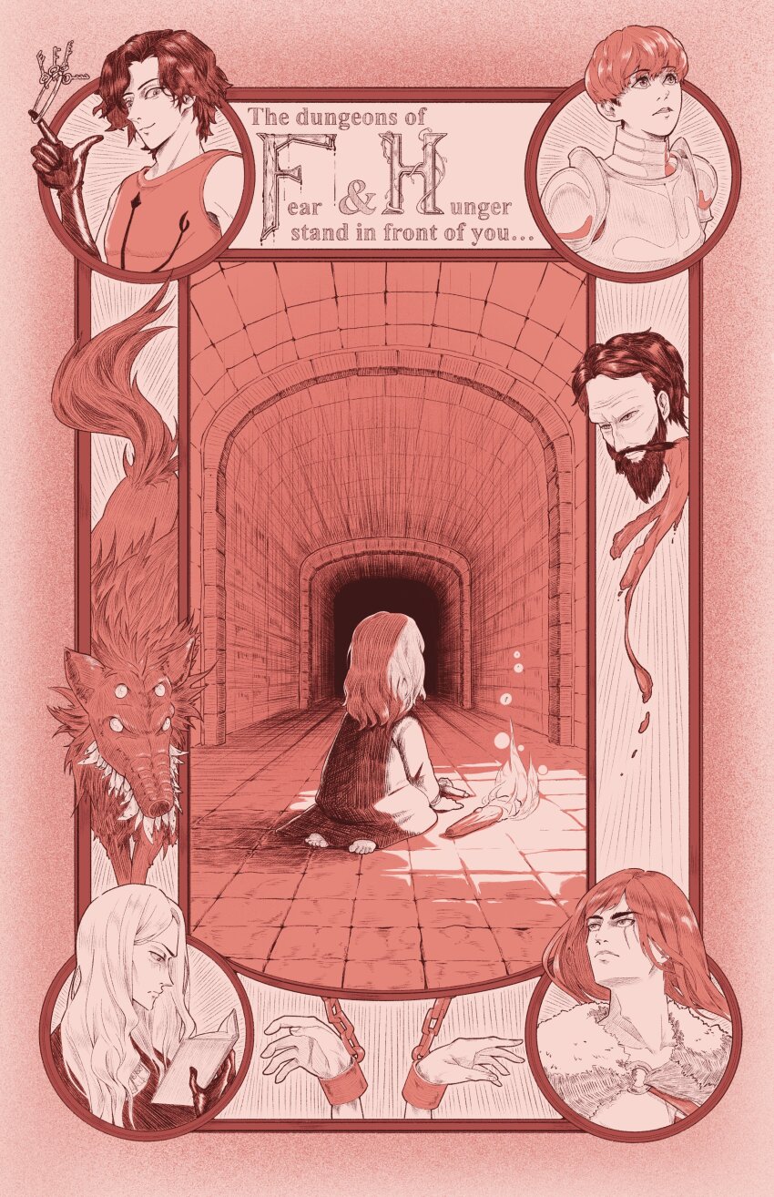 1other, 2girls, 4boys, absurdres, armor, artsyantatee, beard, cahara_(fear_&amp;_hunger)