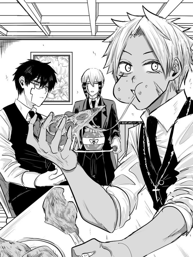 3boys, butler, chicken_(food), collared_shirt, eating, food, formal_clothes, honey, indoors, kaldo_gehenna, long_sleeves, mashle, moi_moi753, monochrome, multiple_boys, necktie, orter_madl, pizza, pizza_slice, renatus_revol, shirt, short_hair, sidelocks, table, tray, vest