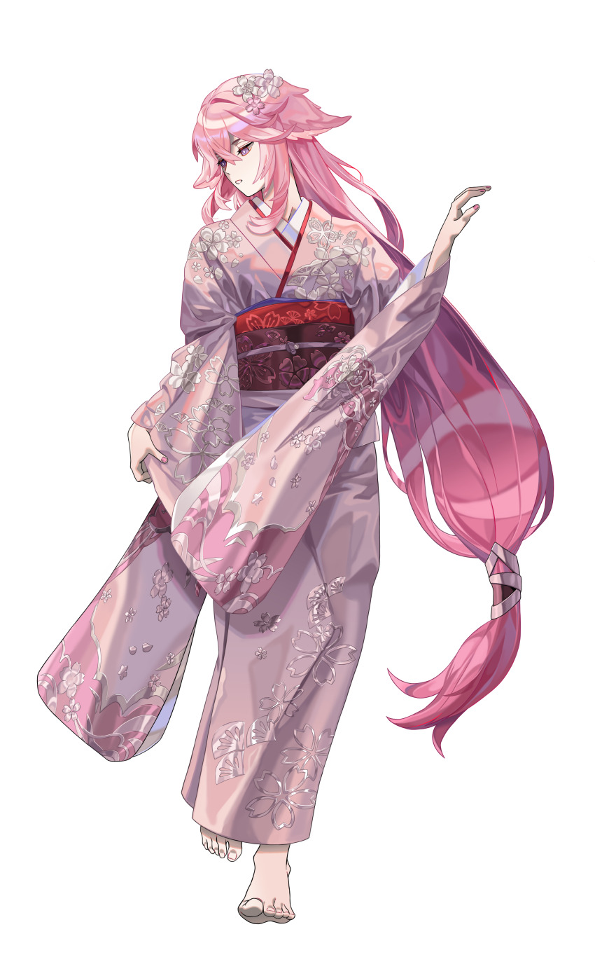1girl, absurdres, alternate_costume, barefoot, breasts, cherry_blossom_print, commentary_request, droopy_ears, floral_print, flower, fox_girl, full_body, genshin_impact, hair_between_eyes, hair_flower, hair_intakes, hair_ornament, hand_up, highres, holding_kimono, japanese_clothes, kimono, long_hair, looking_down, low-tied_long_hair, maka_(maka04021), medium_breasts, nail_polish, pink_flower, pink_hair, pink_kimono, pink_nails, red_sash, sash, simple_background, solo, very_long_hair, white_background, white_flower, wide_sleeves, yae_miko